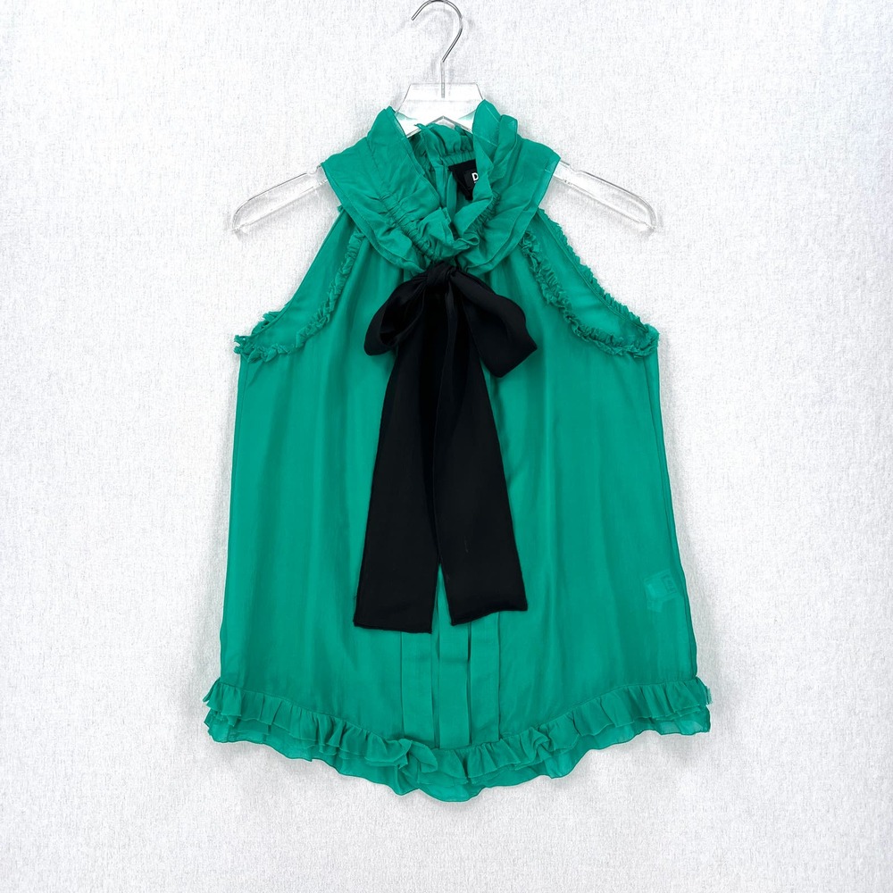 DOLCE & GABBANA Silk Sleeveless Top Womens 40 Green Black Ruffle Bow Blouse - Picture 5 of 16